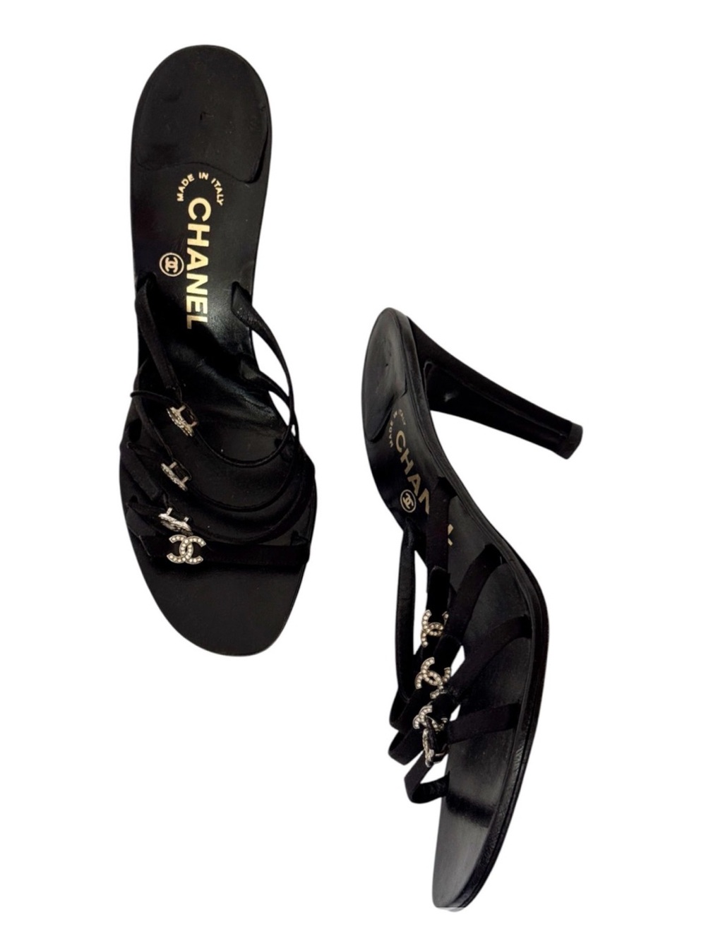 Vintage Chanel Black Satin Rhinestone CC Strap Slide Heels / Mules - Picture 4 of 7
